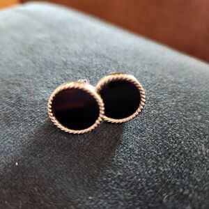 Black silver tone mens cufflinks circle round simple minimal